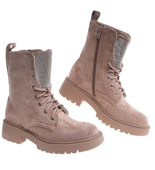 Zimowe botki trapery beżowe z cyrkoniami /A6-1 18574 W440/