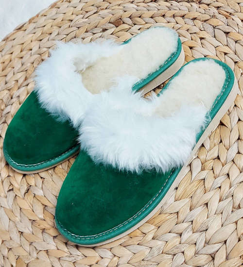 Skórzane ocieplane kapcie damskie Zielone /B4-1 9944 S194/