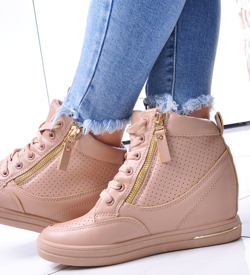 Beżowe sneakersy damskie na koturnie /B3-2 12826 T796/