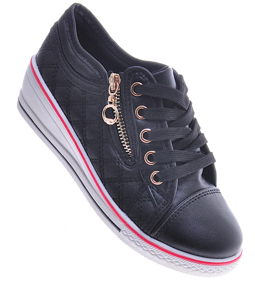 Dziewczęce trampki na niskim koturnie Czarne /F7-3 11328 S10-5/