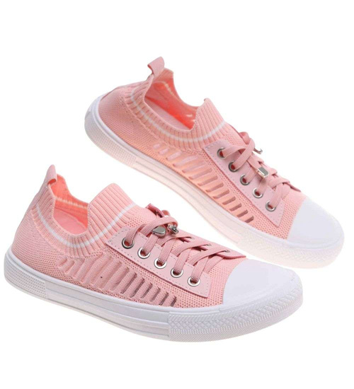 Ażurowe pastelowe trampki damskie slip on Różowe /K3-1 18748 T171/