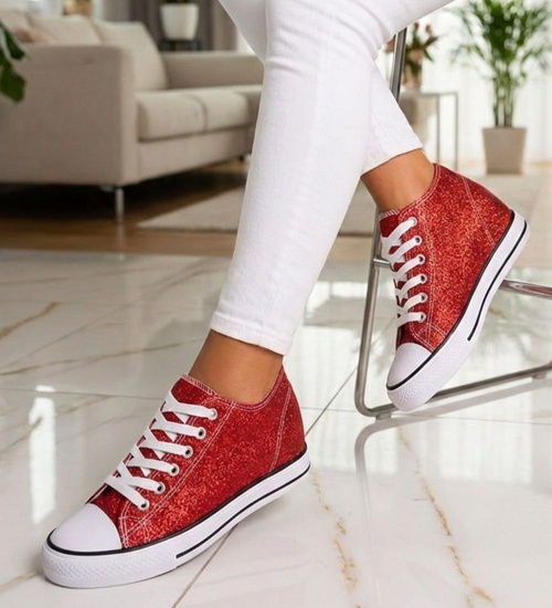 Czerwone wiązane trampki sneakersy na niskim koturnie /F6-3 13522 T8-6/