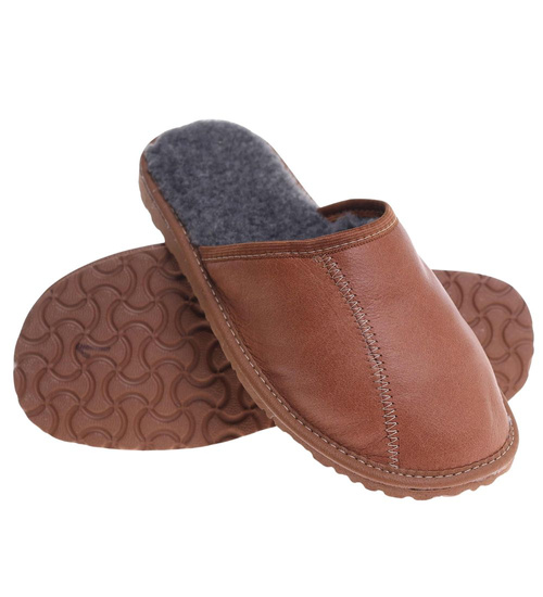 Skórzane kapcie męskie z wełną Brązowe /G8-1 18468 S197/