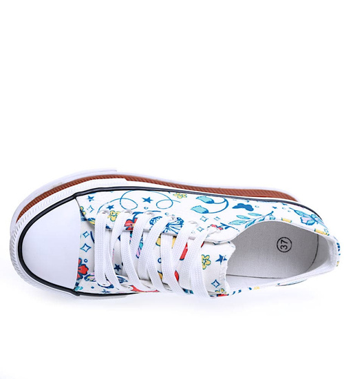 Białe sznurowane damskie trampki z kolorowym printem /D7-2 15604 T266/