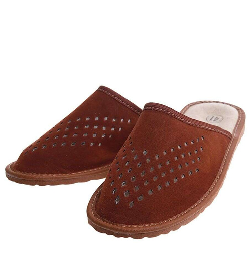 Męskie domowe kapcie ze skóry zamszowej Brązowe /F6-1 7929 S195/