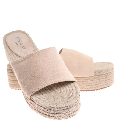 Beżowe klapki na espadryle na platformie /G7-3 17933 G287/