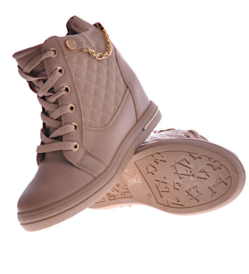 Beżowe sneakersy damskie na koturnie /F8-3 12771 T796/