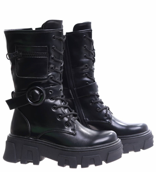 Wiązane glany trapery na platformie Czarne /B3-1 17018 T312/