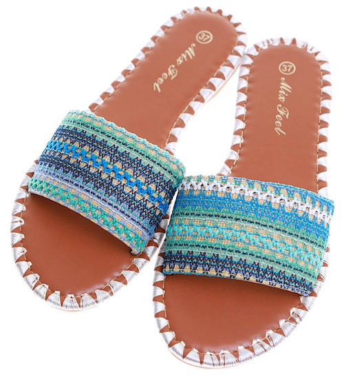 Płaskie klapki damskie z azteckim wzorem White /A9-1 16353 G079/