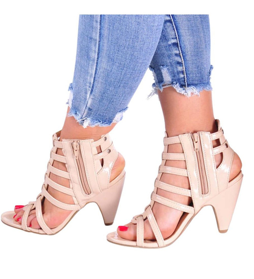 Beżowe sandały damskie na obcasie /E4-1 11739 T290/