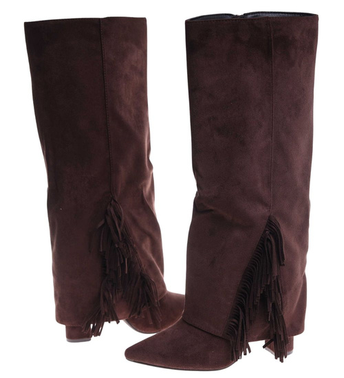 Czekoladowe kozaki boho do kolan na obcasie /F2-1 18586 G688/