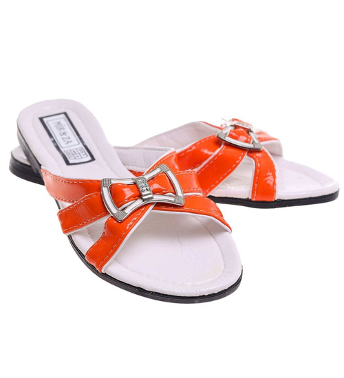 Pomarańczowo białe klapki na płaskim obcasie /H2 14340 T005/