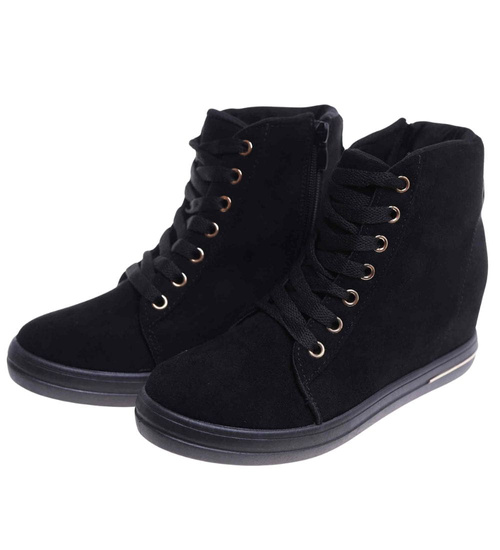 Czarne sneakersy damskie na koturnie /F4-2 18133 T397/