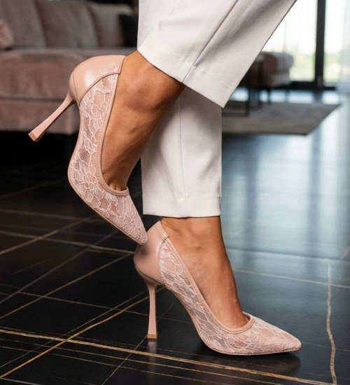 Cieliste szpilki buty damskie koronkowe do biura /G11-3 15909A T283/