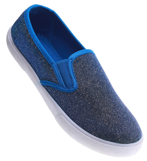 Granatowe tenisówki slip on z błyszczącej tkaniny /F7-2 13423 S079/