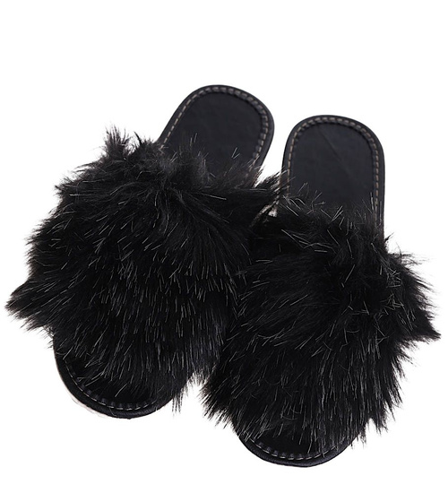 Klapki z futerkiem na grubym spodzie Czarne /E1-1 6925 S197/