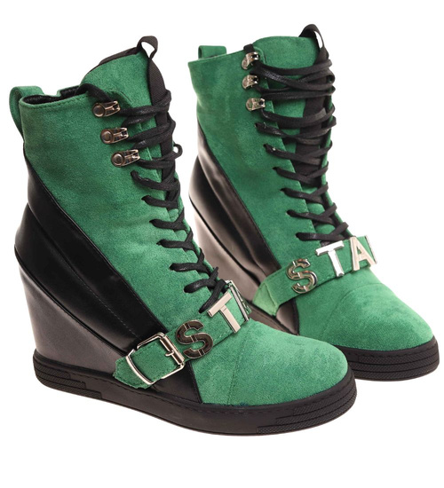 Sznurowane zielono czarne trampki sneakersy koturnie /F8-3 18060 T284/