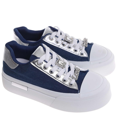 Materiałowe trampki na platformie granatowe /J5-318490 W6/