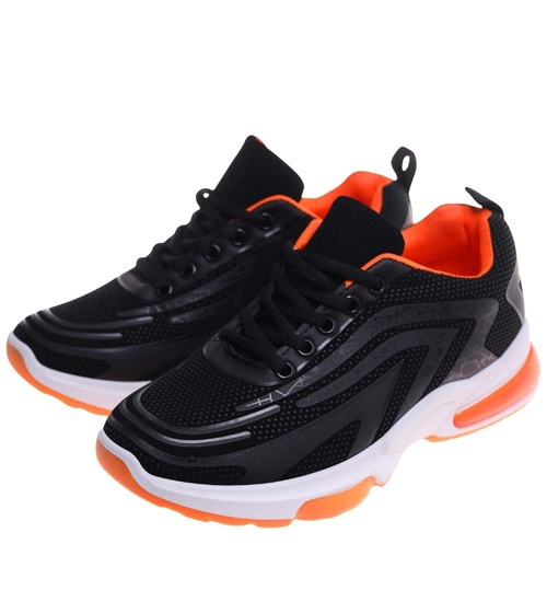 Sznurowane damskie buty sportowe Czarno pomarańczowe /G12-1 18089 T333/