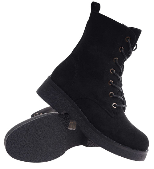 Czarne wiązane botki trapery zamszowe /A1-1 18389 W485/