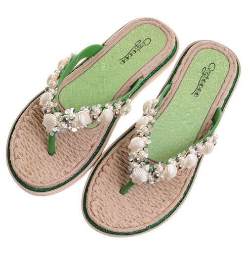 Zielone plażowe damskie klapki japonki z muszelkami /F6-2 17876 T088/