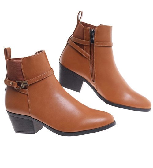 Karmelowe botki na grubym obcasie /C1-2 18539 G285/