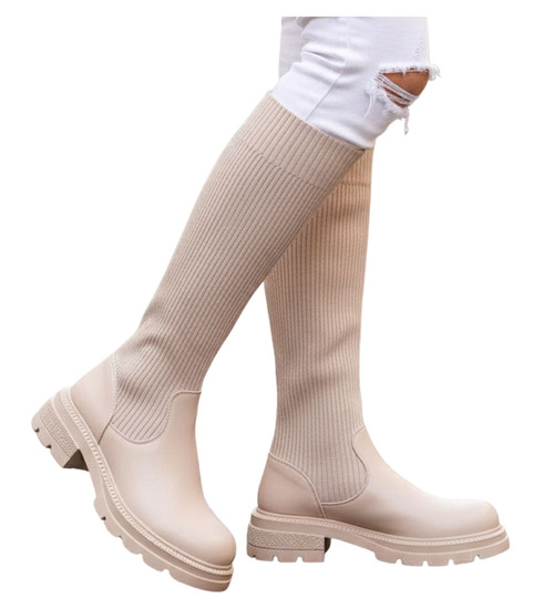 Beżowe kozaki damskie na platformie z elastyczną cholewką / E6-3 15306 T792/