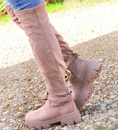 Wysokie zamszowe kozaki z łańcuchem Khaki /A5-1 12724 T707/