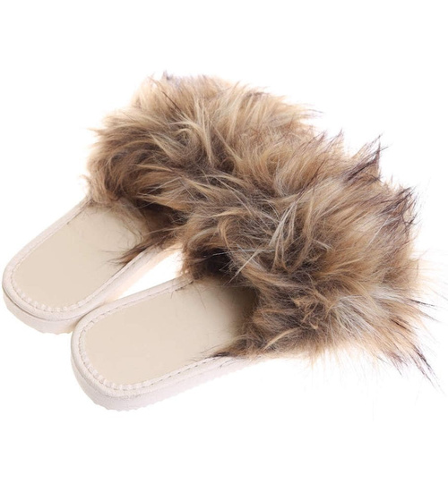 Beżowe klapki z efektownym futerkiem /F4-1 3259 S195/