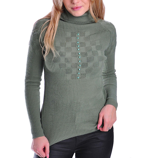 Oliwkowo zielony damski golf z guziczkami /D1-1 UB380 T197/