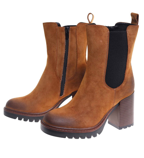 Karmelowe zimowe botki na słupku /L3-2 18592 G288/