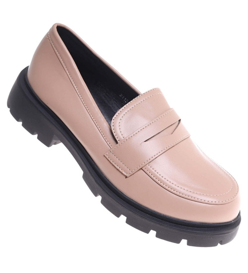Beżowe półbuty loafersy damskie na platformie /H2 18628 W147/