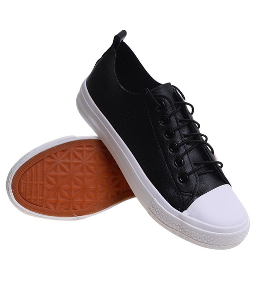 Sznurowane ażurowe czarne trampki damskie /C7-3 12312 S191/