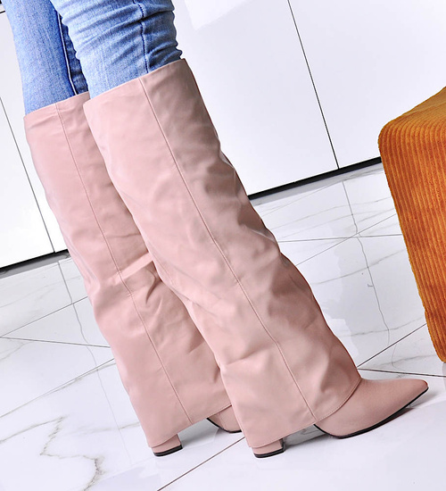 Modne bezowe kozaki damskie na obcasie /C5-2 12482 T1390/