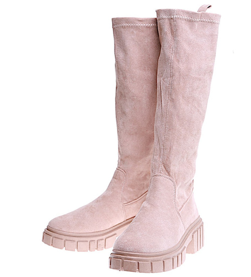 Beżowe kozaki damskie na platformie /E9-2 15217 T592/