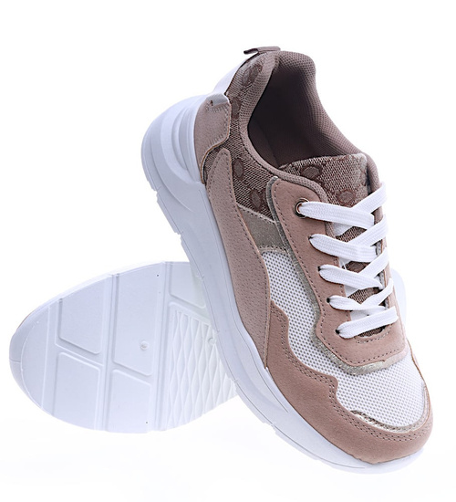 Wiązane sportowe buty damskie beżowe /D5-3 13920 T292/