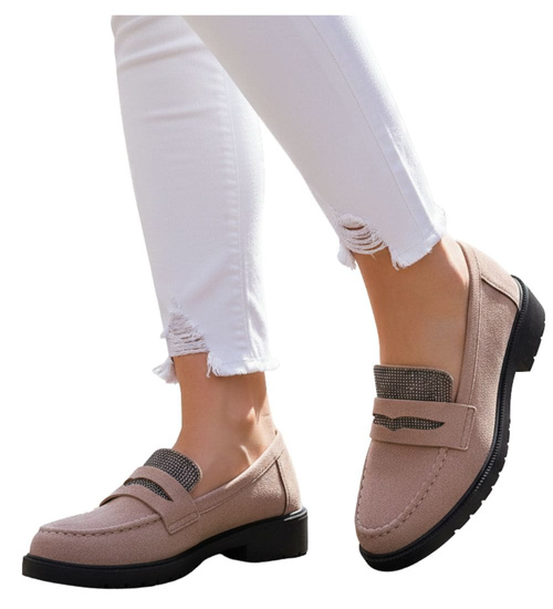 Beżowe zamszowe półbuty loafersy na niskim obcasie /F8-3 15476 T386/