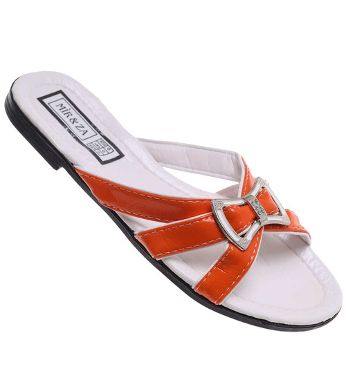 Pomarańczowo białe klapki na płaskim obcasie /H2 14340 T005/