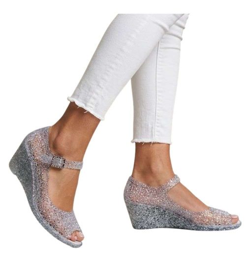 Plażowe sandały meliski na koturnie Srebrne otwarte /H2 14572 T890/