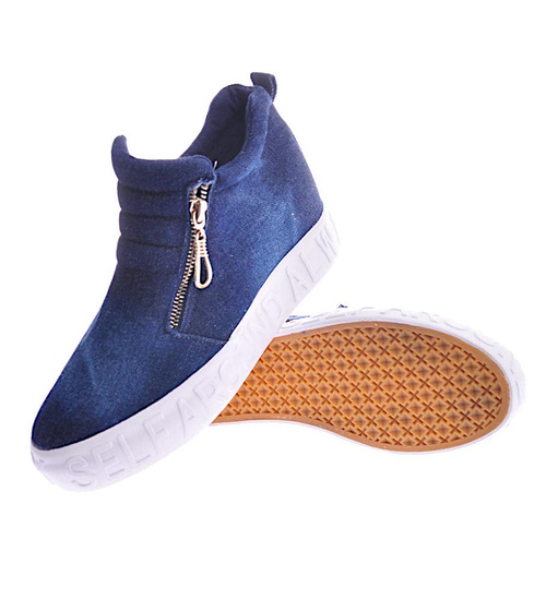 Jeansowe granatowe trampki na niskim koturnie /D2-2 12418 T292/