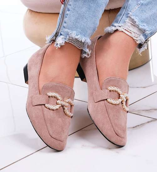 Balerinki lordsy z perełkami Khaki /C6-2 13238 T348/