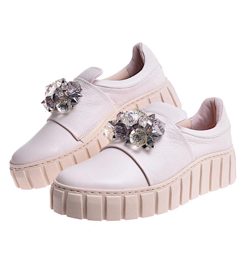 Beżowe skórzane damskie trampki creepersy /F8-2 11728 N0200/