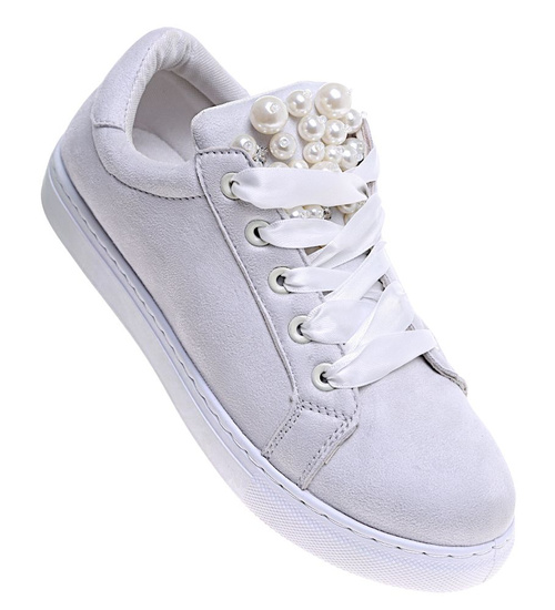 Sznurowane szare trampki damskie z perełkami /F6-3 15952 T185/