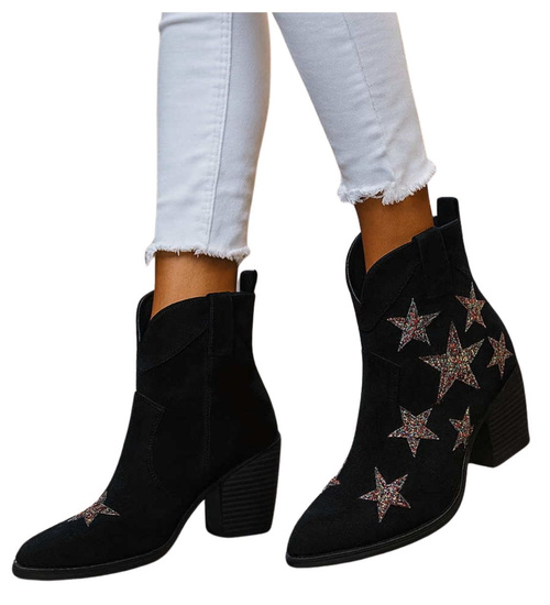 Czarne botki damskie na klocku /E5-3 18316 T482/