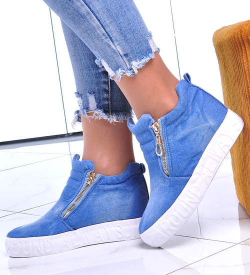 Jeansowe niebieskie trampki n niskim koturnie /G2-3 12422 T292/
