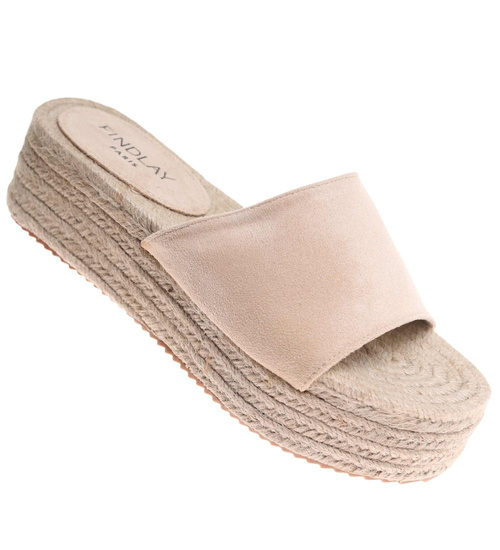 Beżowe klapki na espadryle na platformie /G7-3 17933 G287/