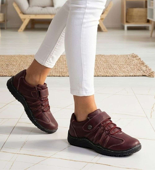 Bordowe półbuty damskie na rzep /B6-3 14630 T189/