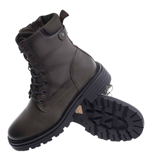 Sznurowane ocieplane botki trapery Zielone /E8-3 18254 W430/