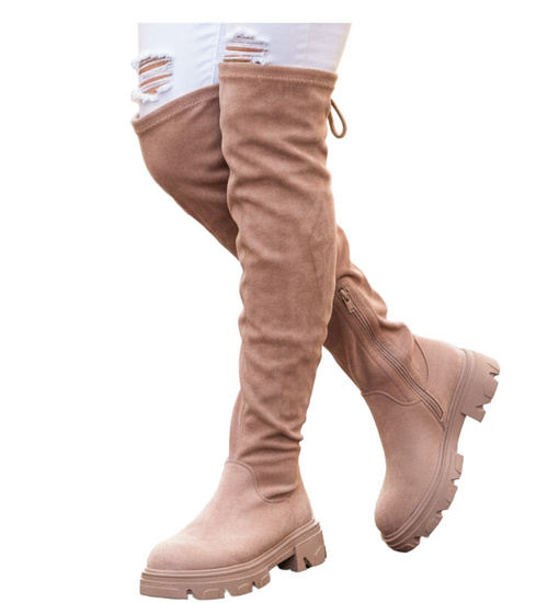 Wysokie zamszowe kozaki z łańcuchem Khaki /A5-1 12724 T707/