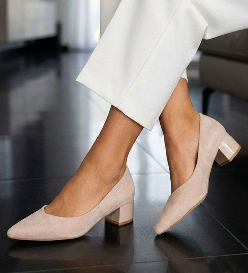 Beżowe czółenka na niskim obcasie Pointy Toe /D5-3 18805 T381/